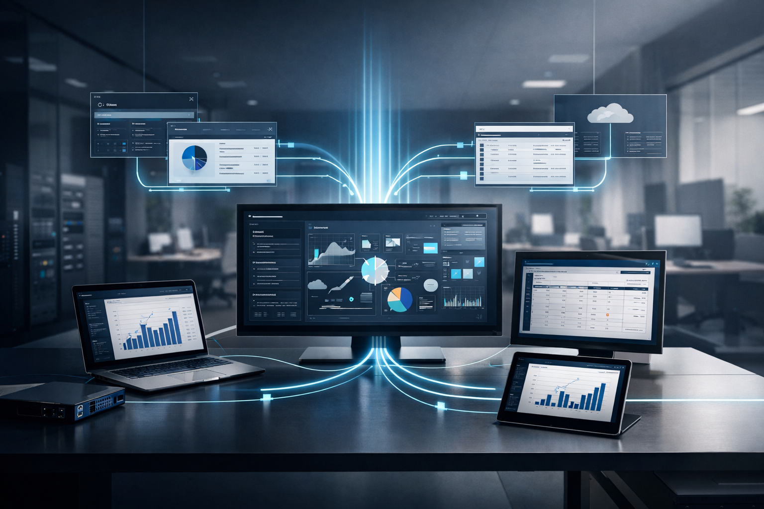 Editorial visual showing separate digital systems reconnecting into one operational flow.