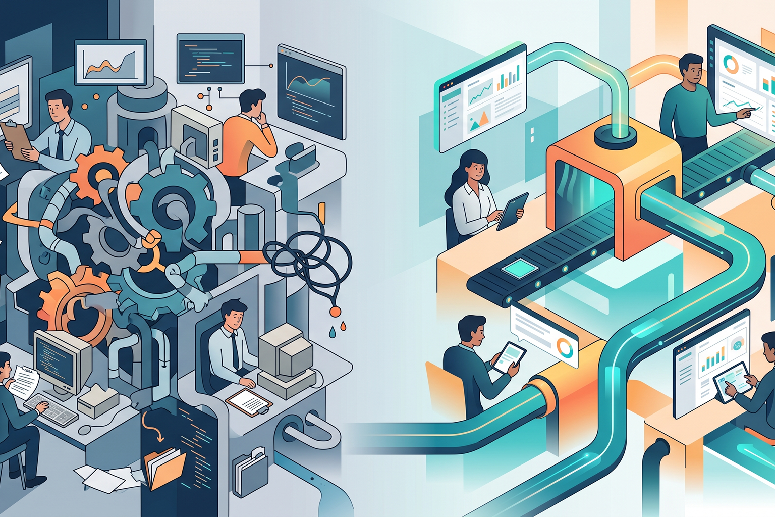 Editorial visual showing a business process moving from fragmented tools to a single, orderly digital workflow.