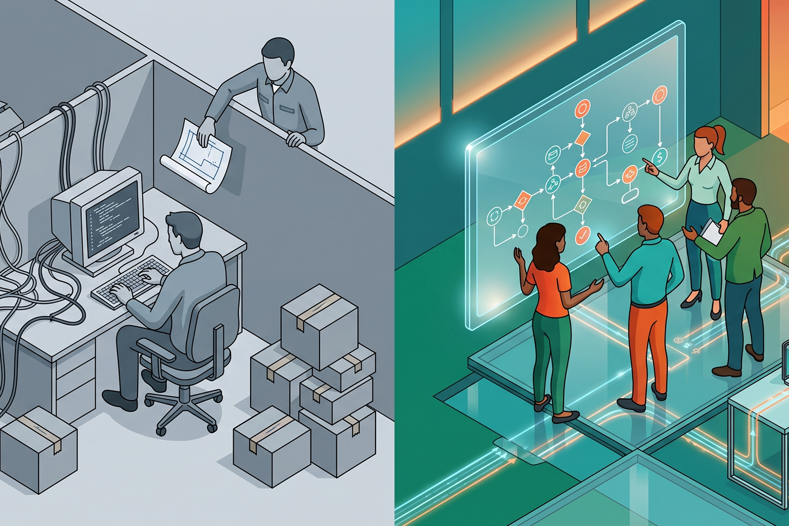 Editorial visual showing the difference between a vendor and a technology partner in working on business projects.