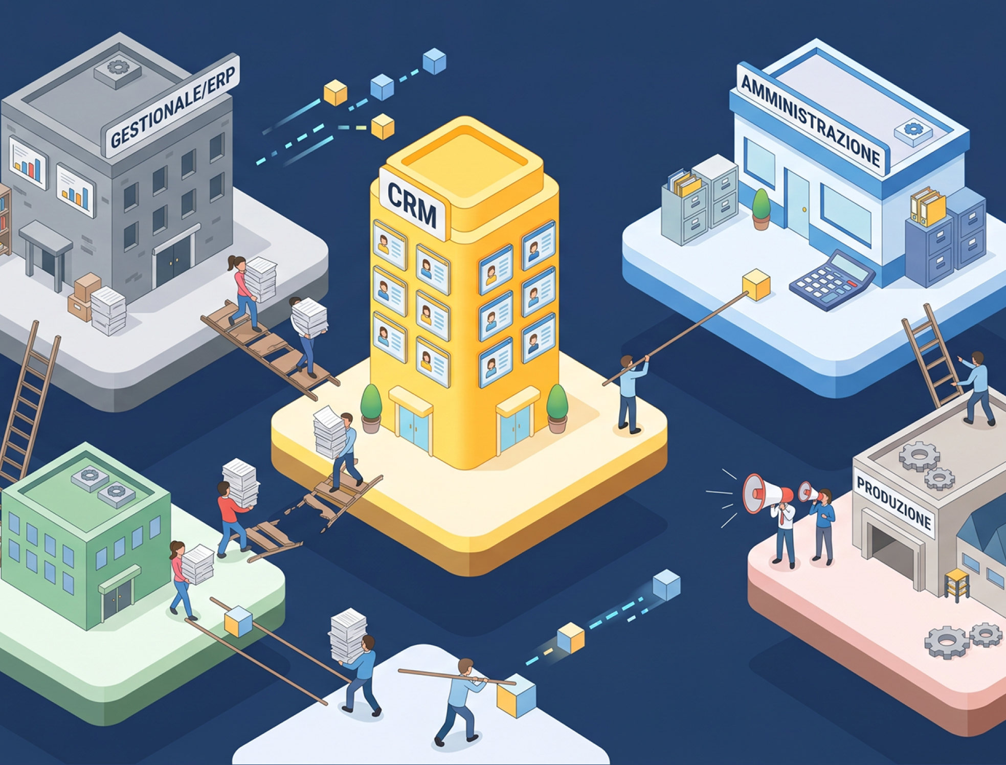 Editorial visual representing multiple separate business systems with fragmented data flows between departments.