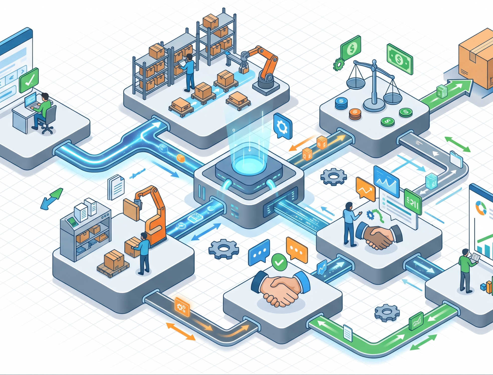 Editorial visual representing connected data flows between business systems, with operational continuity across departments.